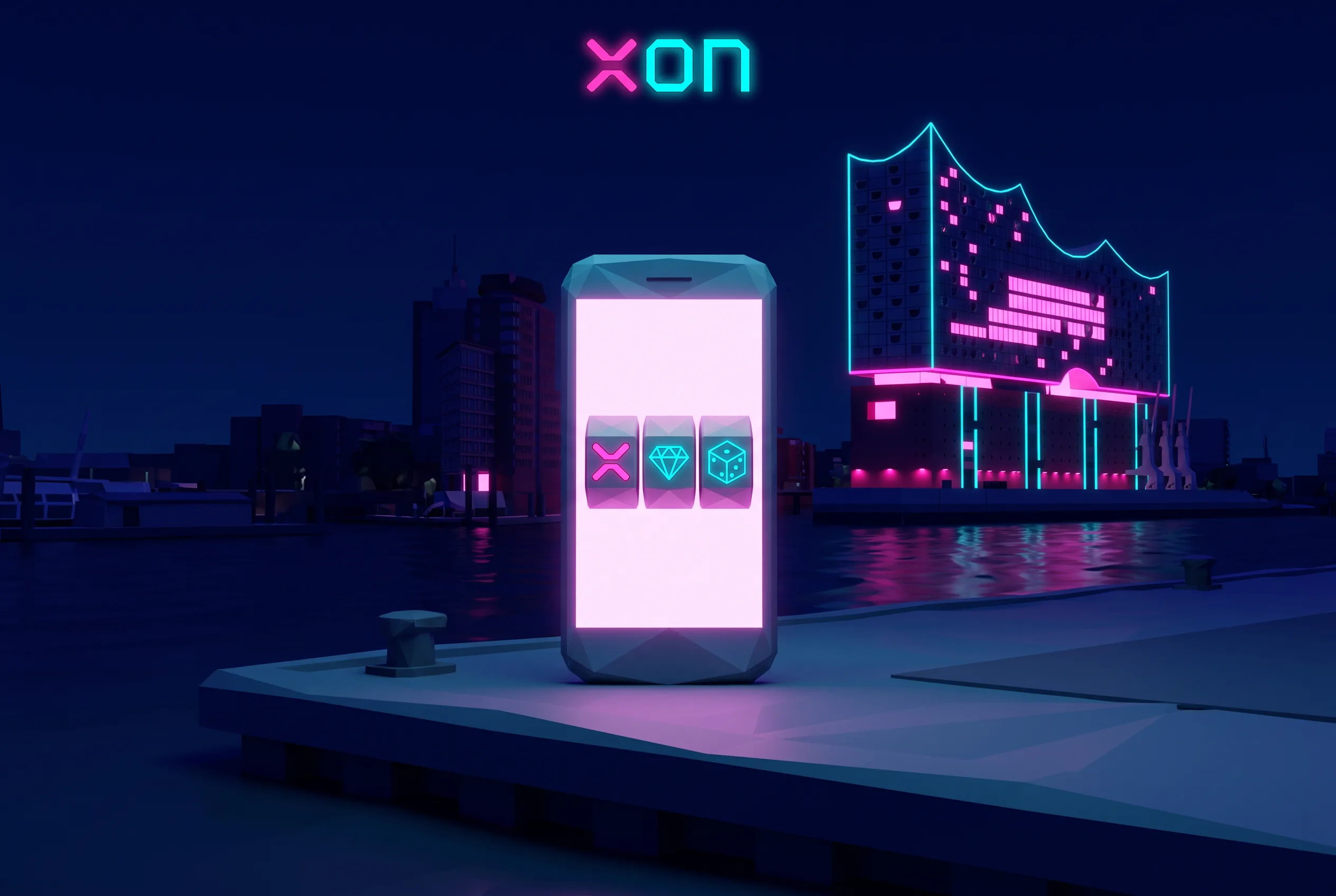 Xon Bet auf einem Smartphone vor der Hamburger Hafenlandschaft