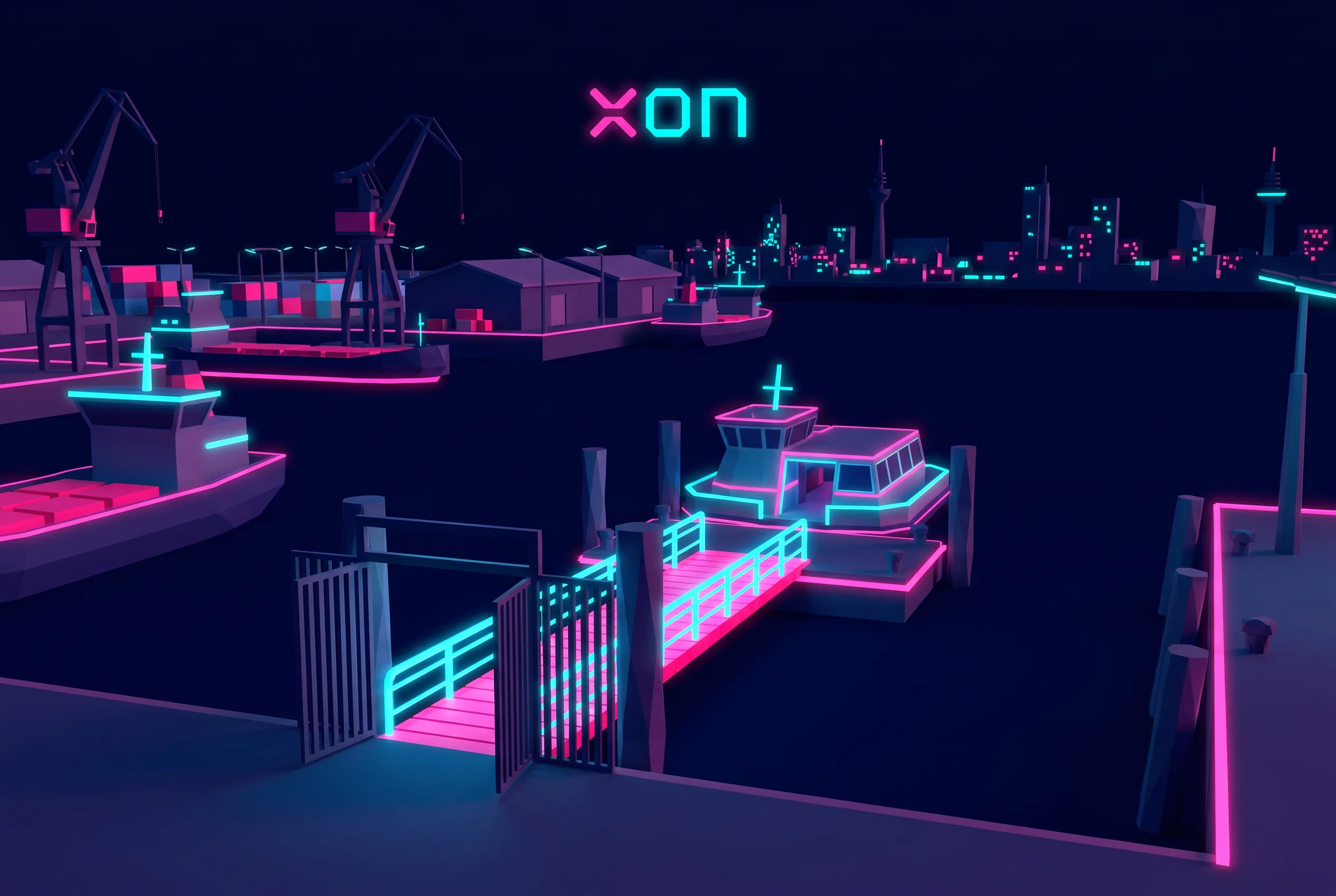 Neonbeleuchteter Zugang zu einem Schiff als Symbol für den Einstieg bei Xon Bet