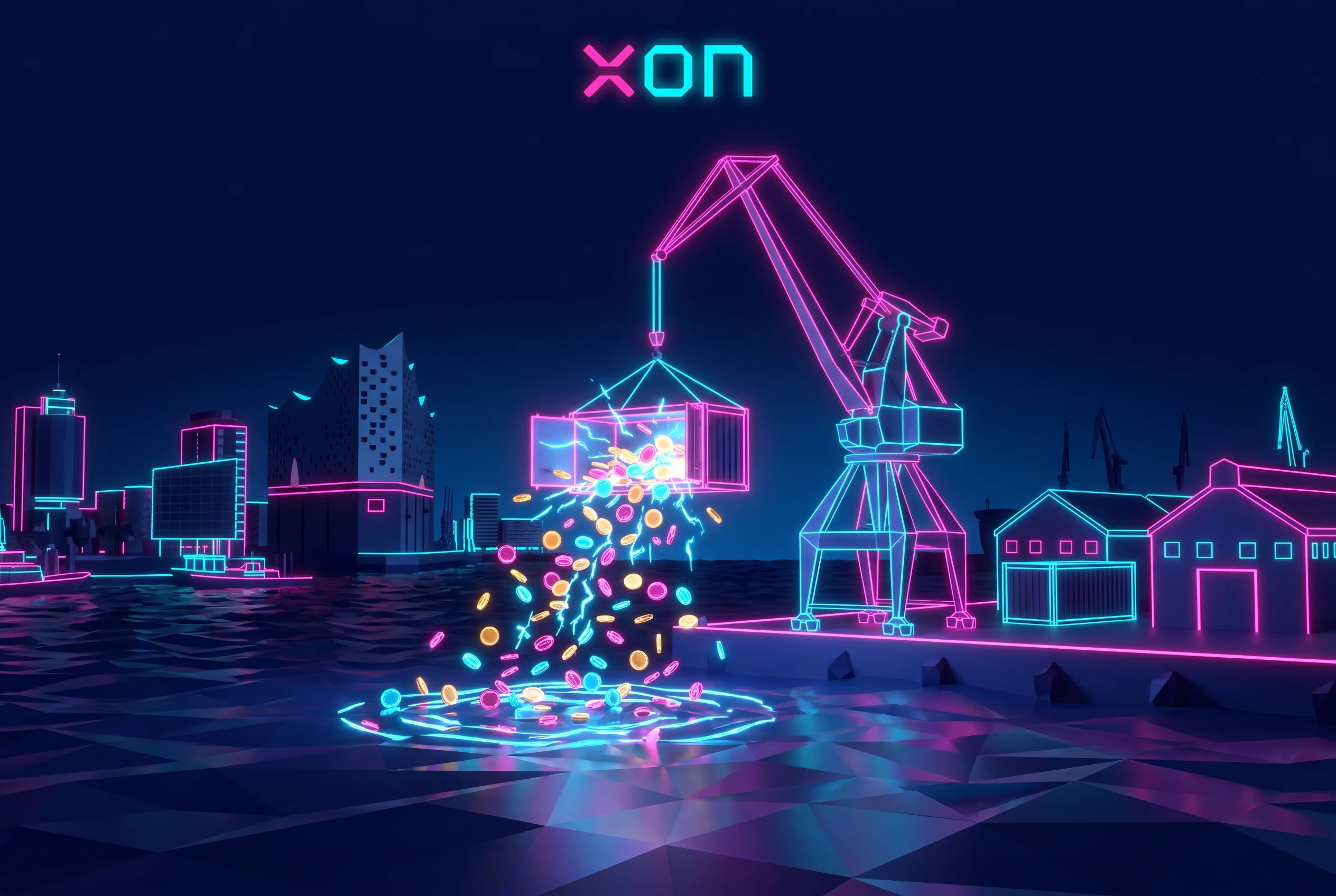Neonbeleuchteter Hafenkran mit Bonusmünzen bei Xon Bet